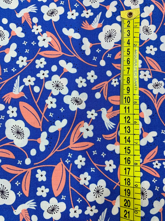 Cotone Americano Persimmon Blossoms Hibiscus Twilight - Fiori di Ibisco Jeans