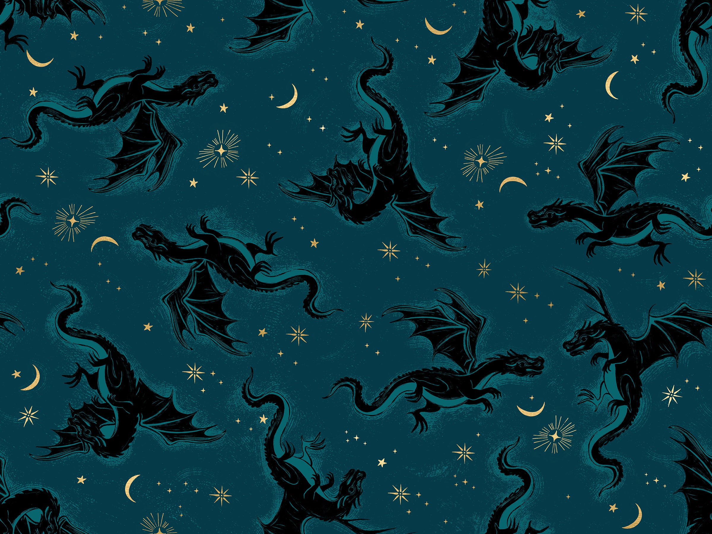 dettaglio-stampa-cotone-americano-fireglow-galaxy-etched-dragons-metallic-draghi-volanti-scuri