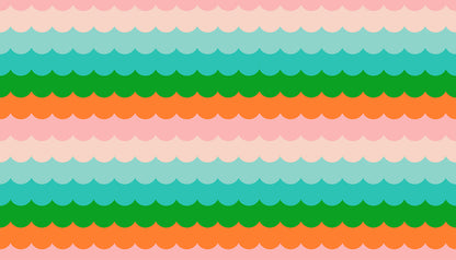 Dettaglio stampa tessuto cotone americano verde e arancione Poolside Too Scallops con stampe geometriche a onde retrò per cucito.
