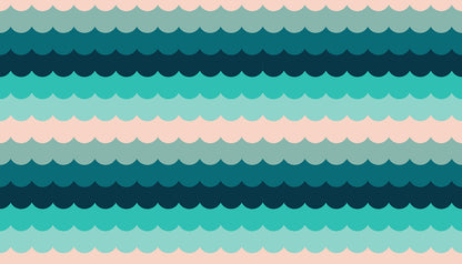 Dettaglio stampa tessuto cotone americano turchese e ottanio Poolside Too Scallops con stampe geometriche a onde retrò per cucito.