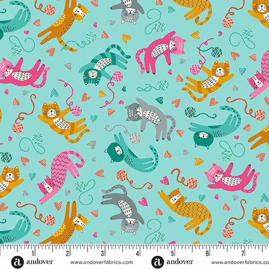 cotone-americano-makower-fabrics-playful-cats-aqua
