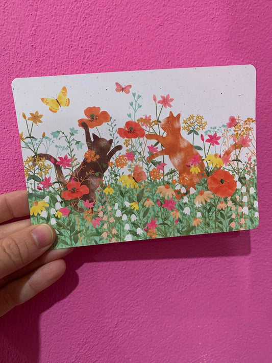 Cartolina Gatti Nel Prato Fiorito