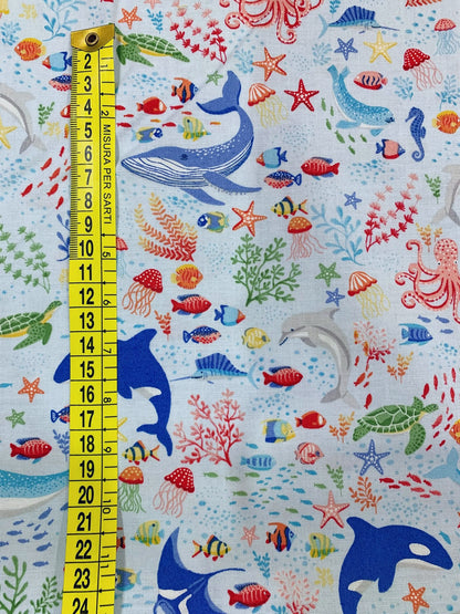Cotone Americano Deep Blue Sea Creatures - Animali Marini