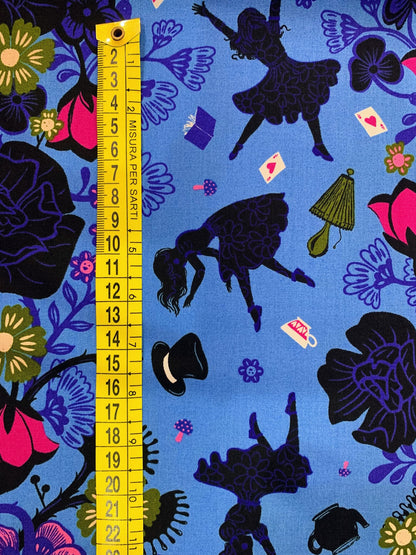 Cotone Americano Hello Alice Rabbit Hole Damask Floral Blue - Tana Del Bianconiglio Azzurro Scuro