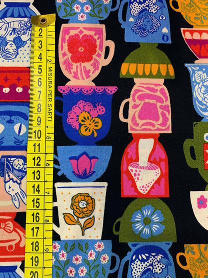 Cotone Americano Hello Alice Tea Party Black - Tazze Cappellaio Matto Nero
