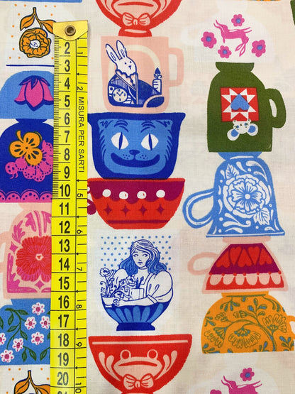 Cotone Americano Hello Alice Tea Party Shell - Tazze Del Cappellaio Matto Panna
