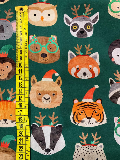 Cotone Americano Merry Menagerie Green - Musetti Animali Natalizi Verde Bosco