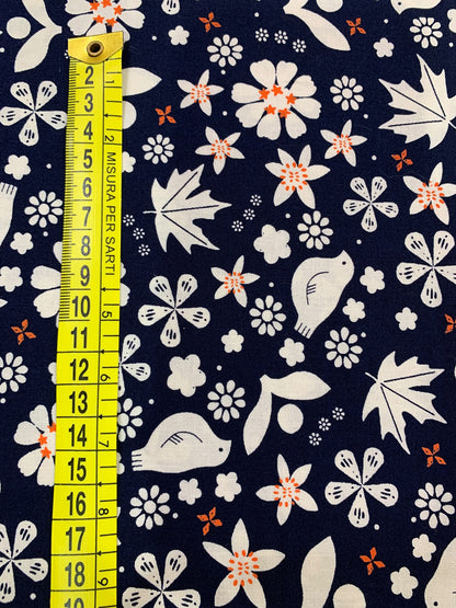 Cotone Americano Sugar Maple Birds Nature Navy - Uccellini e Fiori