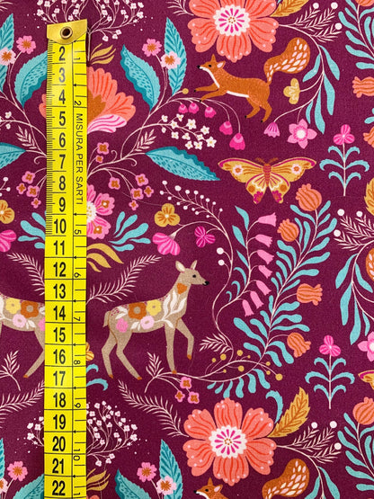 Cotone Americano Wild Folk Deer Damask - Volpi E Cerbiatti Con Fiori