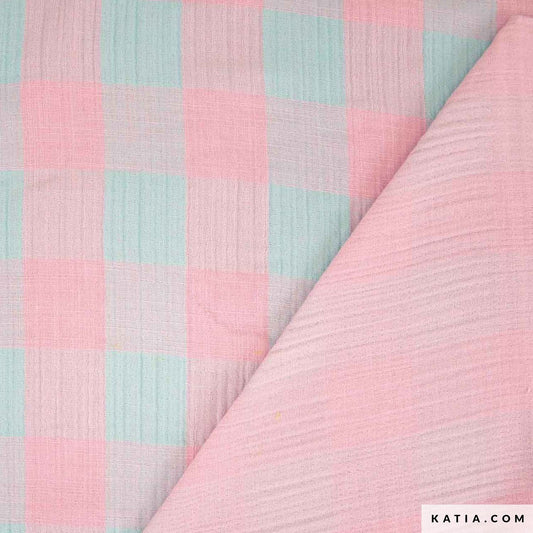 Promo Scampolo Mussola Summer Vichy Pink & Aqua 130 x 140 cm